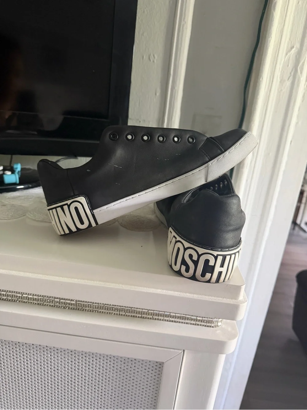 Moschino Black and White Logo Heel Low-Top Sneakers